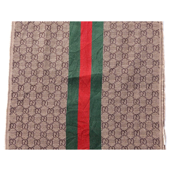 Gucci Brown & Beige GG Logo Print w/ Green Red Stripe Wool Silk Scarf Pre-owned - Picture 11 of 16